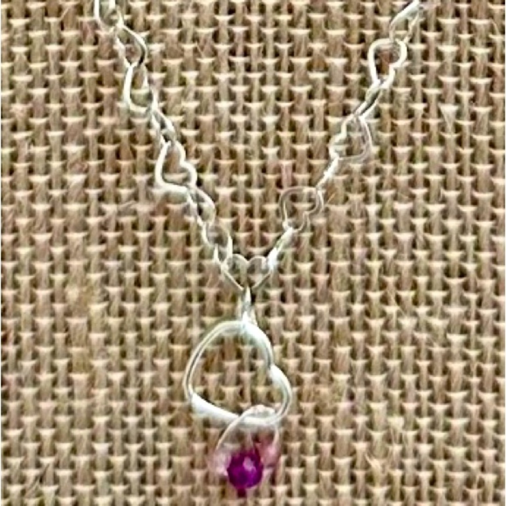 NEW- Hand crafted-SS 23” heart chain
necklace-Ruby, morganite open heart charm.